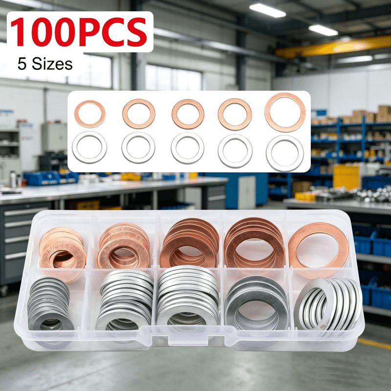 TEMU 100pcs Oil Drain Plug Gasket Assortment, M10 M12 M14 M16 M18 & Crush Washer Kit, 5 Sizes Flat Ring Sealing Washers, Universal For Most Cars,