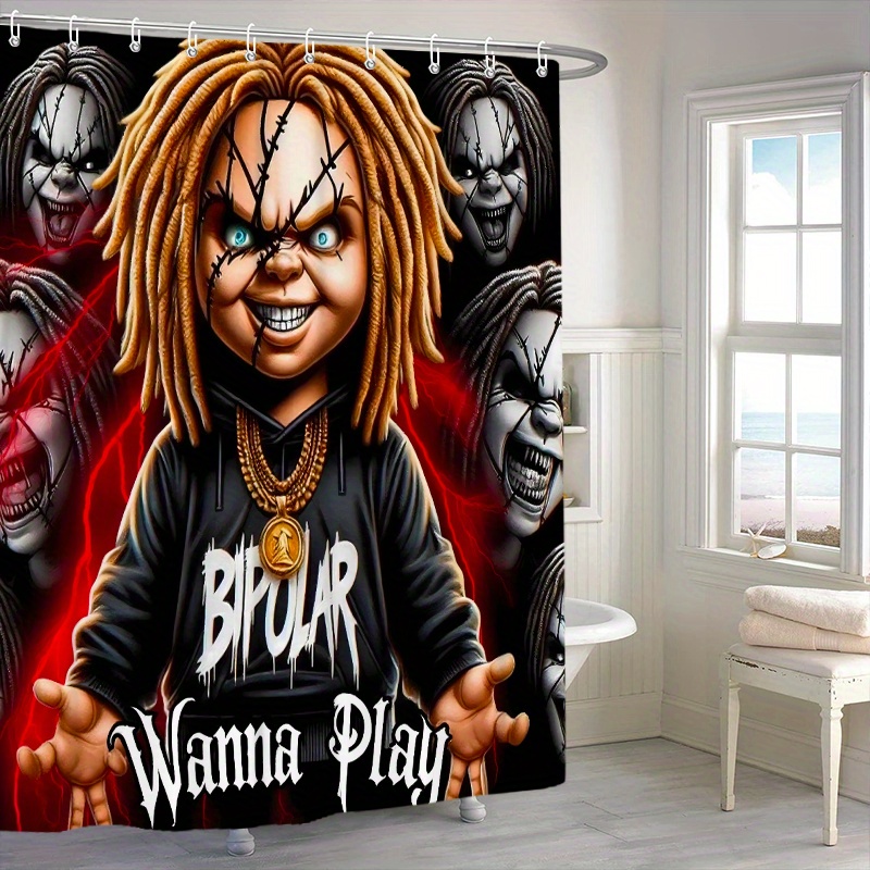 1/ 4pcs: Creative Horror Doll Pattern Shower Curtain, Shower Curtain Set, Non-Slip Bathroom, U-Shaped, Toilet Seat Cover, Halloween Shower Curtain with 12 Durable Hooks, Bathroom Decorations And Additions, Exquisite Holiday Furniture