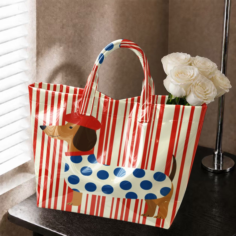 Retro Dachshund Tote Bag - High Quality Pvc Large Capacity Handbag With Striped Sausage Dog Print, Glossy Suitable For, Commuting, Shopping, Office - Minimalist Shoulder Bag For Students And