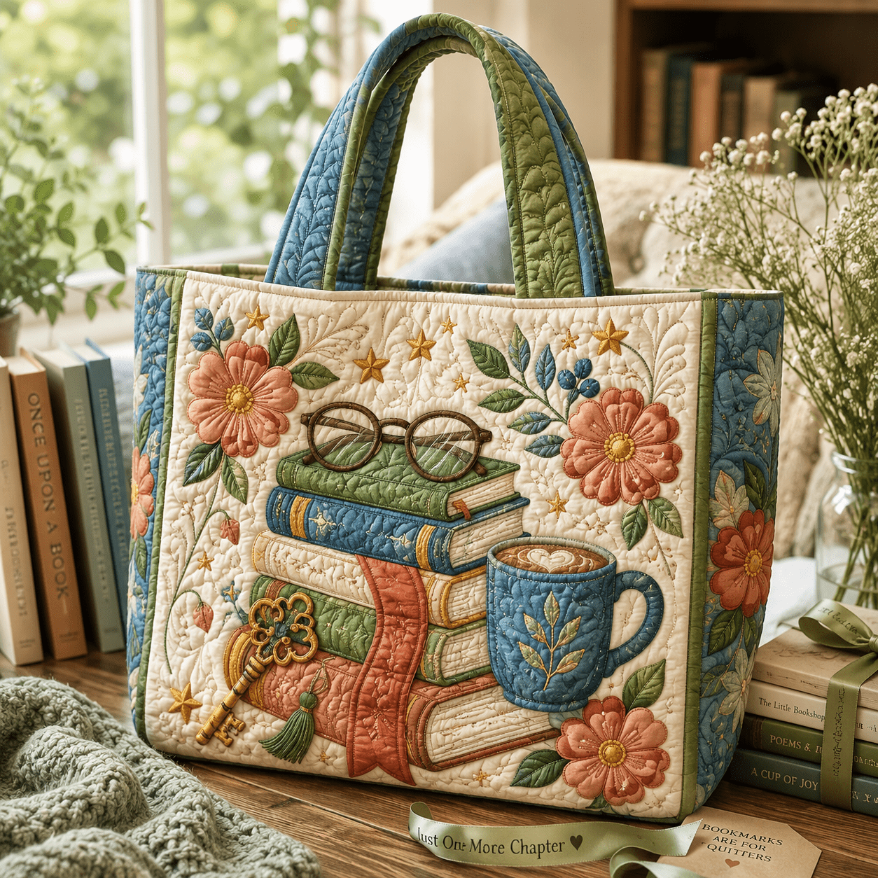 TEMU Women's Vintage Book Floral Quilted Tote Bag - Literary Country Style Large Capacity Zipper Handbag For Students, Teachers, Work , Travel, And