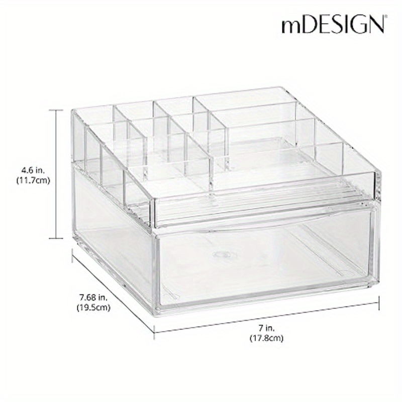   collection clear plastic divided makeup organizer bin with front drawer 11 compartment bathroom vanity storage for cosmetics brushes nail art tools durable countertop organizer space saving design 7 68x7x4 6in cosmetic storage organizer versatile use     material home organizers Product details 2