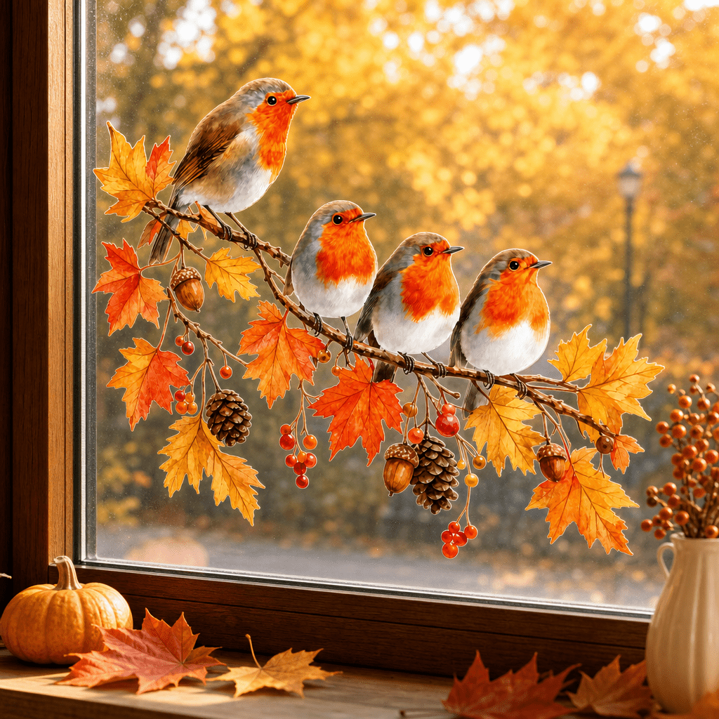 TEMU 1pc Of Autumn Robin Electrostatic Window Cling Featuring A Maple Branch Pattern With Berries, Pine Cones, And , Removable Static Cling Vinyl