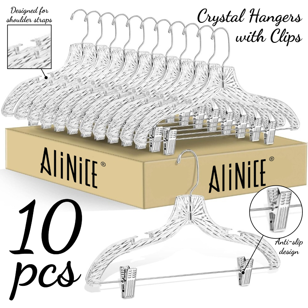 Image of 10 Pack High Quality Crystal Clear Plastic Skirt Hangers, 16.7 Inch Swivel Hooks, Adjustable Strong Clips, Non Slip Capacity, For Skirts, Pants, Dresses, Suits, Coats Closet Organization