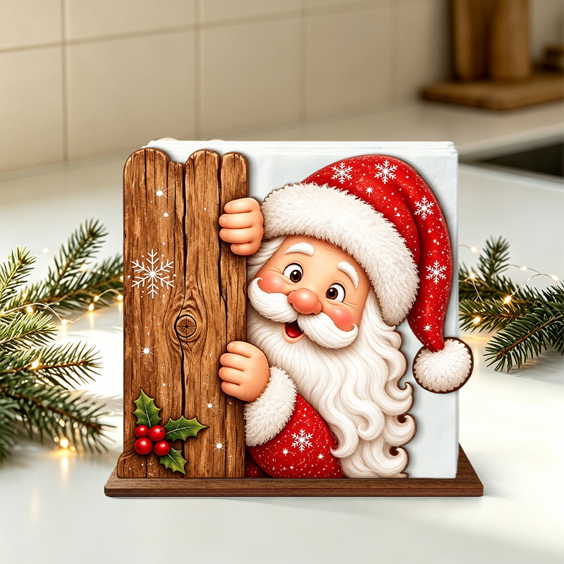 TEMU Servilletero de madera de Papá Noel asomándose, bonita de pañuelos con diseño de Papá Noel , copo de nieve y de , organizador de servilletas de