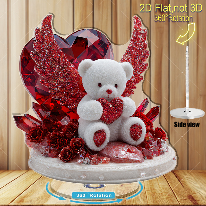 TEMU 2d Flat, 2d Flat Rotating Acrylic Teddy | White Teddy Bear With Wings, Holding A Heart, Multiple Crystal On The Front - Valentine's Day