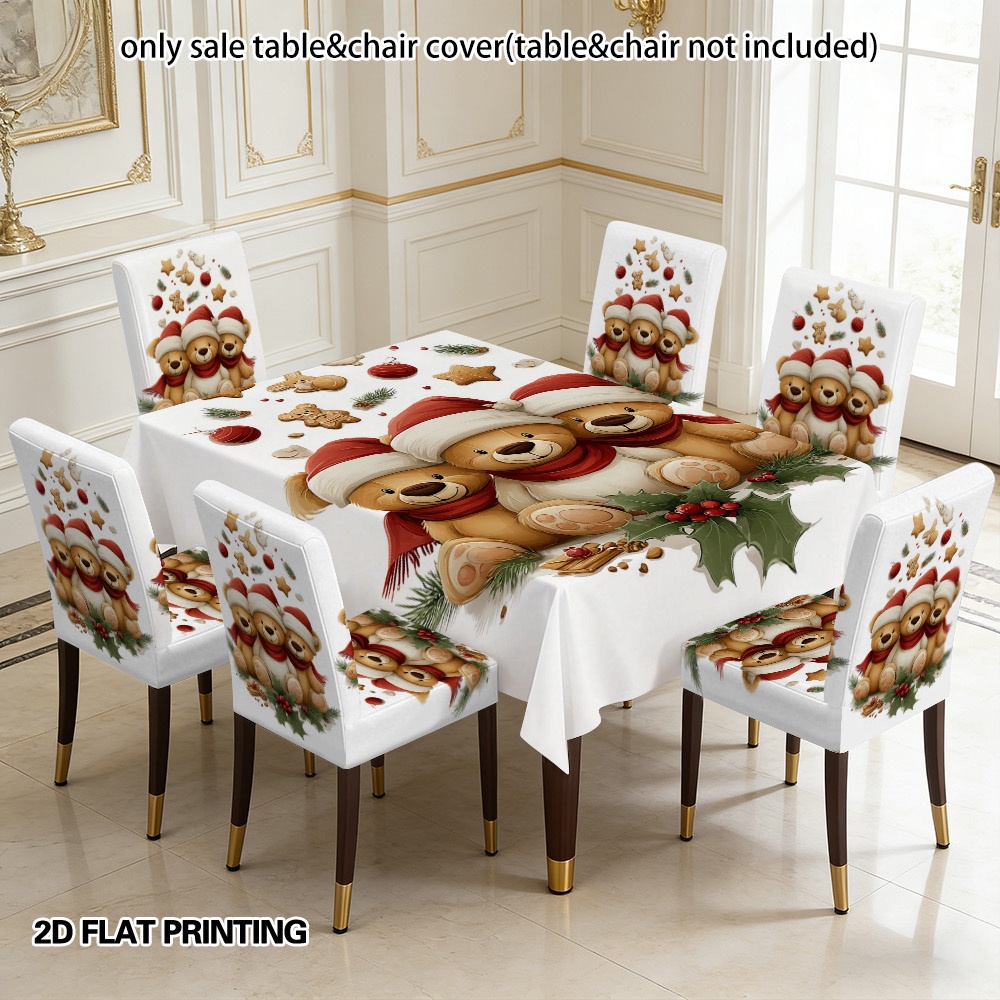 2d flat printing 5 7pcs stretch chair covers with matching tablecloth christmas   and   printed   set for christmas halloween home party dining room decor 2d flat