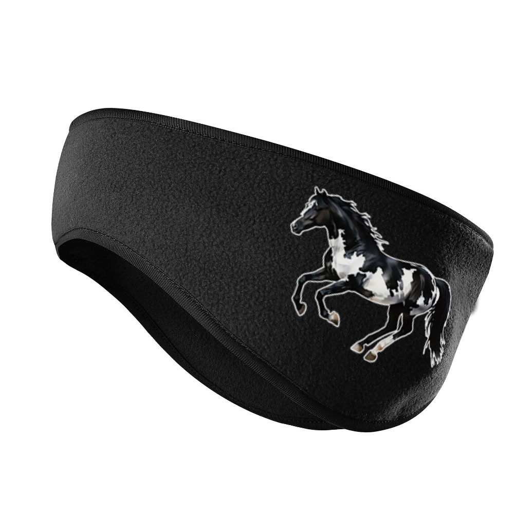 Image of A Warm Autumn And Winter Headscarf Earmuff With A Print Of A Black And White Horse, Suitable For Men And Women---tjck002