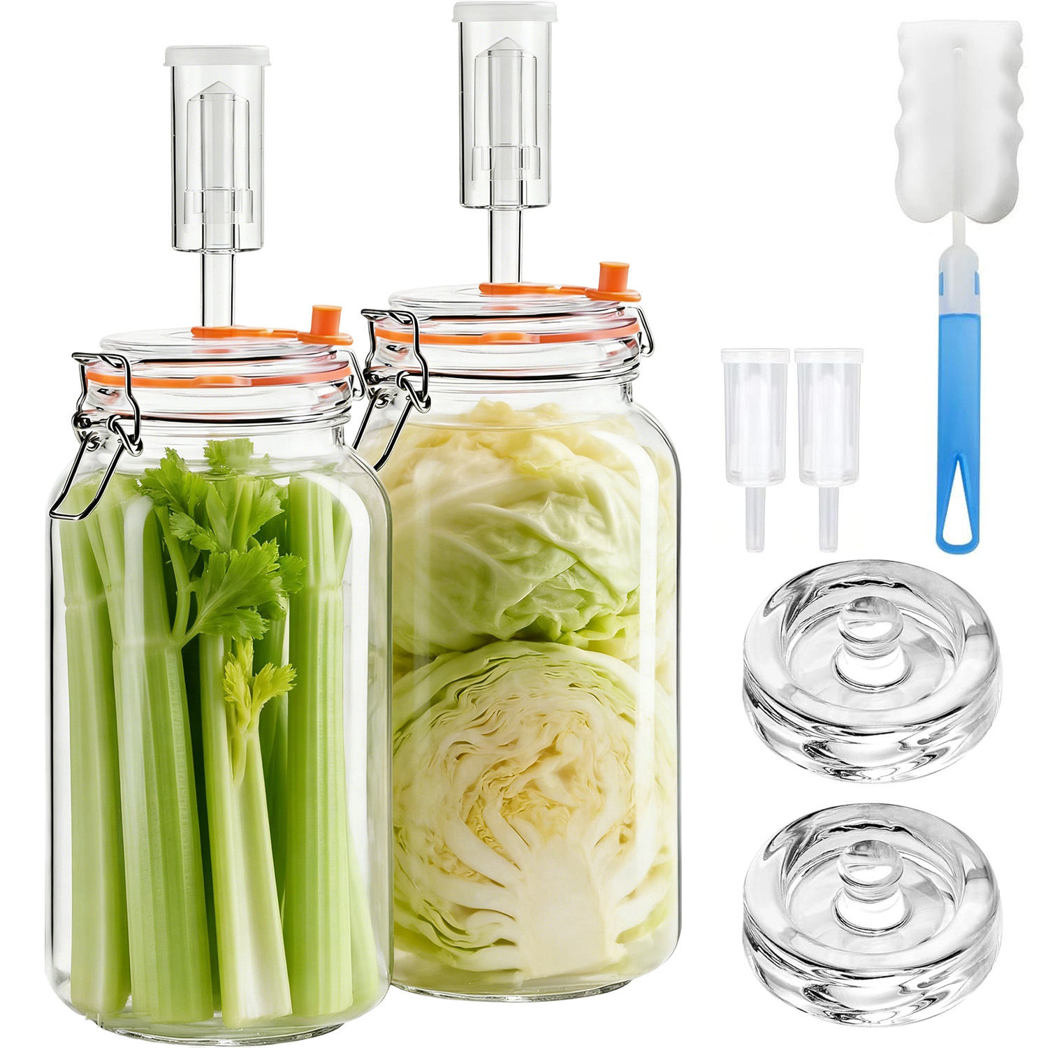 Image of 2 Fermentation Glasses 2l With 2 Weights Cleaning Brush For Making Kimchi Sauerkraut