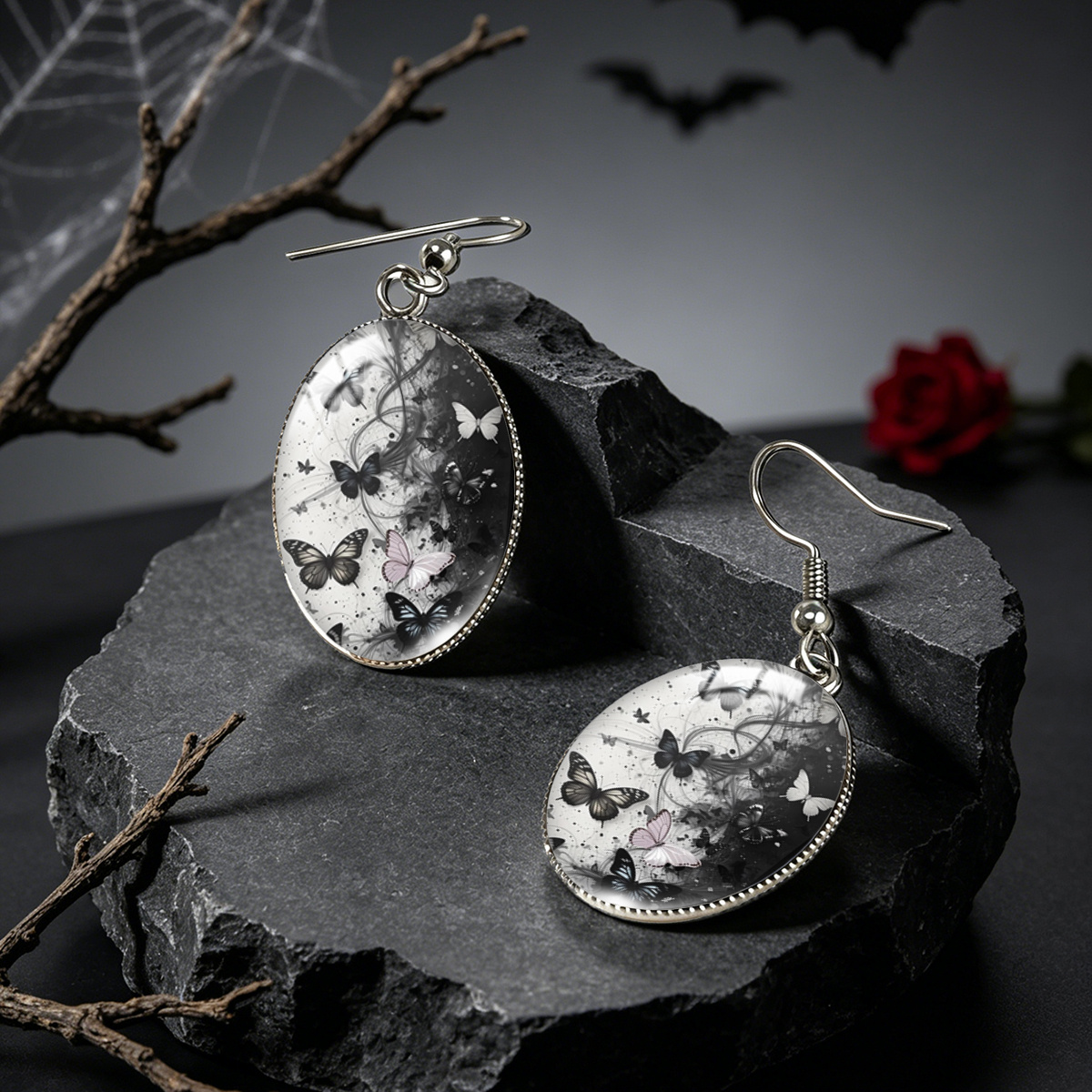Black And White Gradient Butterfly Oval Glass Cabochon Earrings