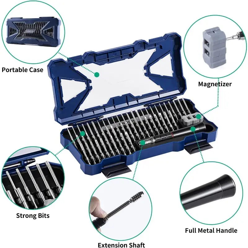 55-in-1 precision screwdriver set with magnetic tips & ergonomic non-slip grip - heavy-duty magnetic driver, compact case for electronics repair, watch, computer, jewelry, smartphone, tablet, camera, gaming console - professional & diy tool kit for hobbyists, technicians, mechanics - no power required, small screwdriver, screwdriver all in one, pocket screwdriver, flat screwdriver, watch repair, computer maintenance, portable design, highstrength bits, 3x life, durable Product details 2