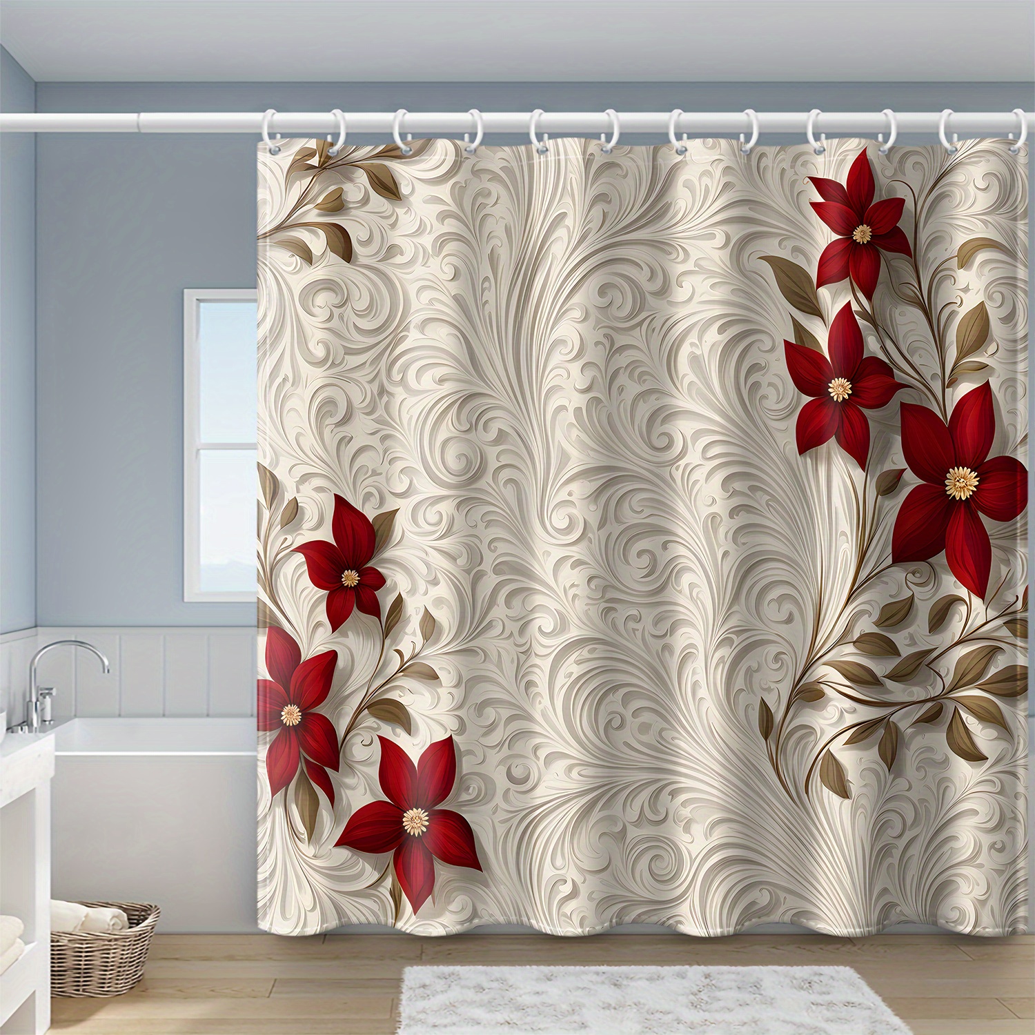 TEMU 1 rideau de douche beige à motif floral rouge avec crochets, style rétro fenêtres et murs, décoration pour salle de bain et baignoire, universel