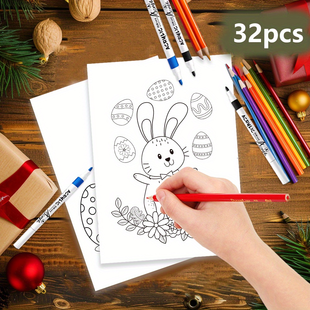 

32pcs Tlenpo Easter Coloring Cards With Markers - 32 Featuring Bunnies, Eggs, Chicks & Carrots - Family Activities & Party Fun (markers Not Included)