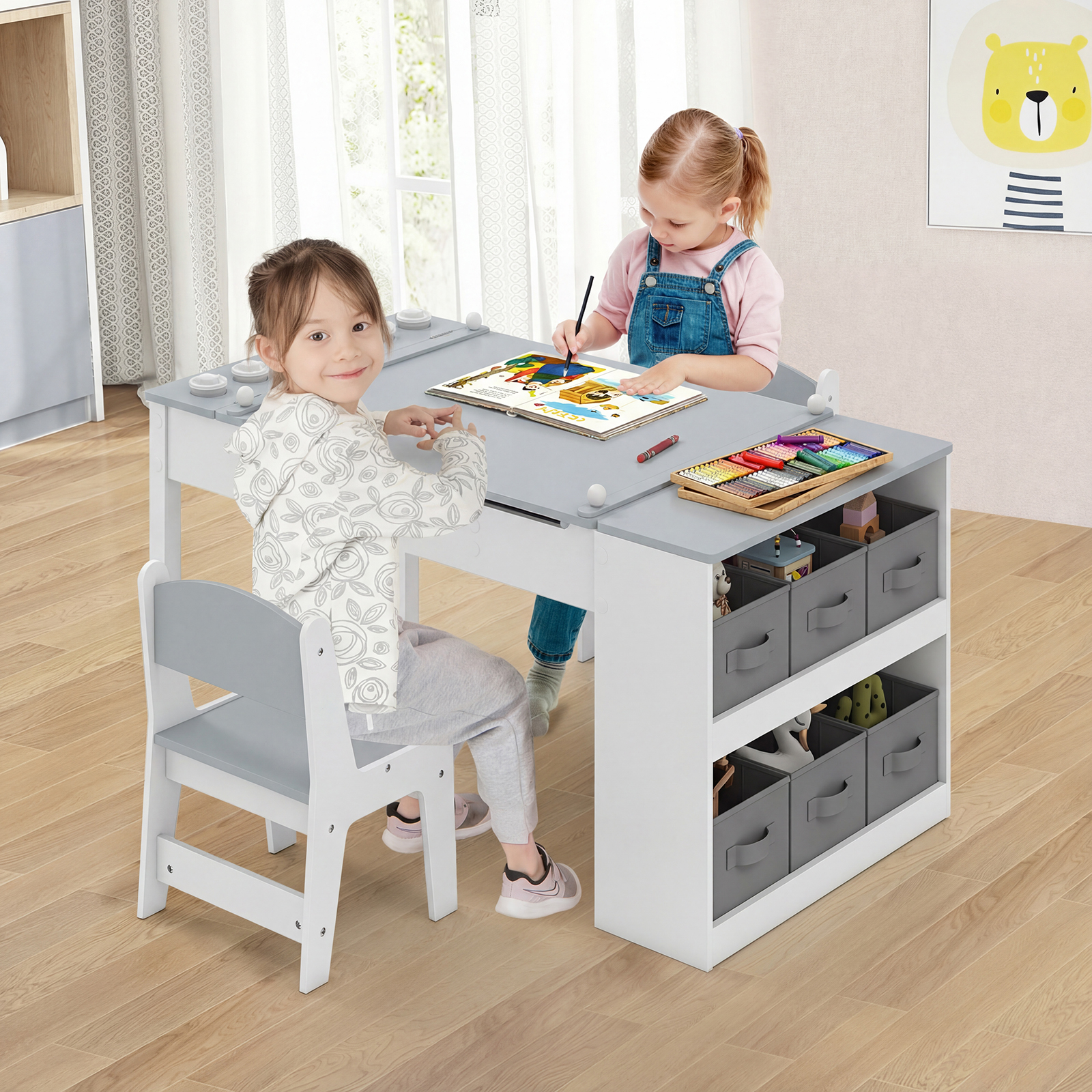 Image of Children's Table With 2 Chairs, Wooden Child Seat Group With Lifting Table Top, Paper Roll, 6 Color Cups & 6 Cloth Containers, Table For Children From 3 Years To Play, Draw And Learn