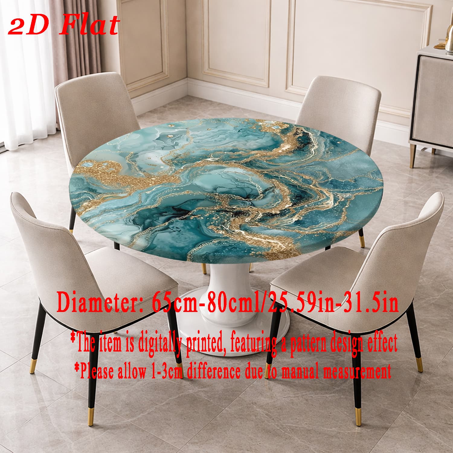 TEMU 2d Flat Blue And Golden Marble Texture Printed Elastic Round Tablecloth, Made From High-quality Elastic Material, Suitable For Round , Stretches