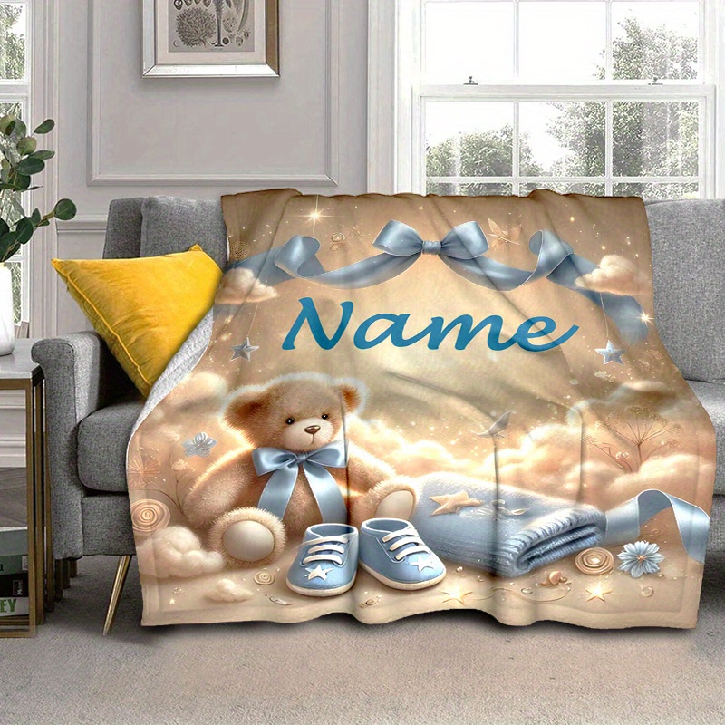Custom Name Teddy Bear Throw Blanket, Lightweight Flannel