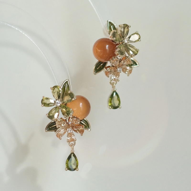 TEMU Exquisite Green Pink Zirconia Flower Stud Earrings Vintage Enamel Green Leaf Earrings For Women Daily Banquet Vintage Earrings Jewelry Gifts