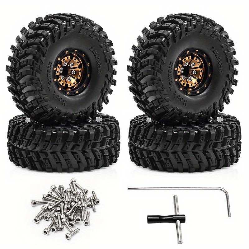 TEMU 4pcs 1.0 Wheels And Tires For 1/24 1/18 Rc Crawler Car Axia1 Scx24 Trx4m, Brass 1.0 Wheels 1.0 Tires Set Soft Sticky 1.0 Mud Tires
