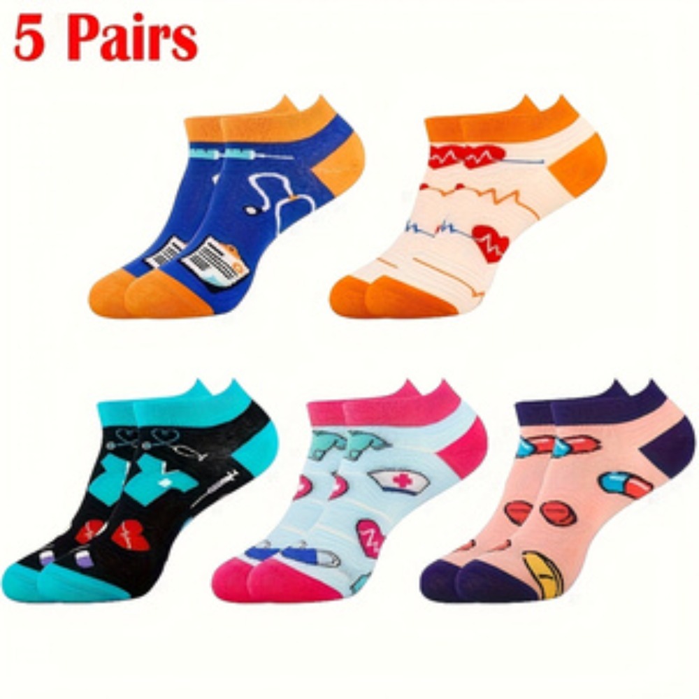 E-shop 5 Paar Knöchelsocken mit Krankenschwester-Motiv – Mehrfarbige Socken für medizinisches Personal, geeignet für Ärzte, Zahnarzthelfer, Unisex