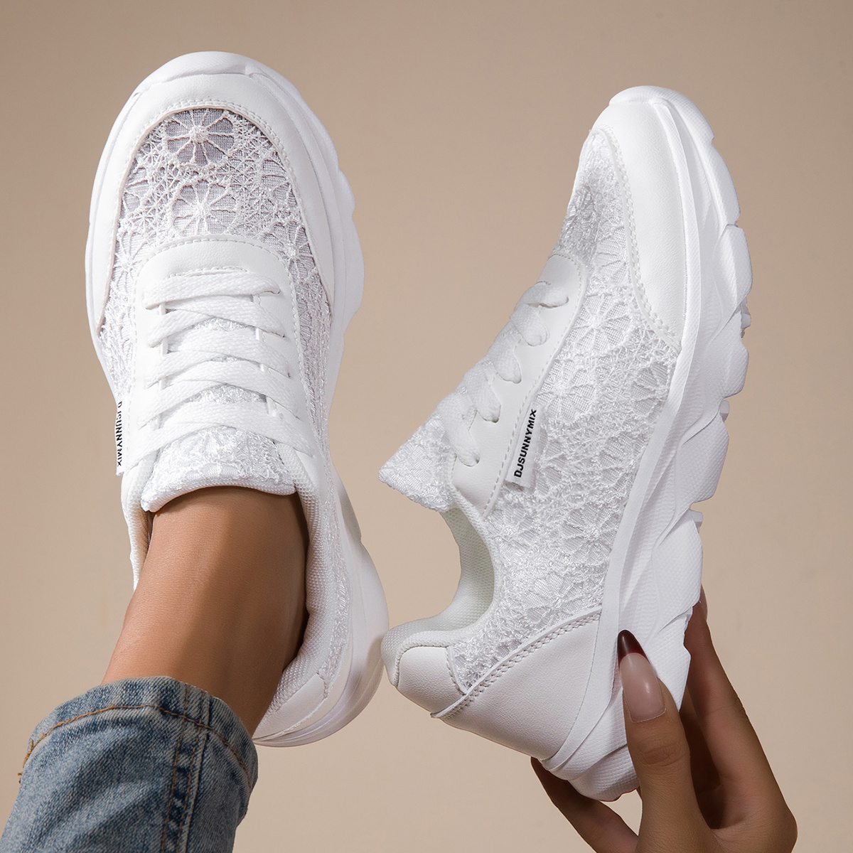 TEMU Djsunnymix Women's Plus Size Sneakers - Light-colored Low-top Lace-up Round Toe Casual Shoes With Cushioned Sole & Breathable Fabric Upper