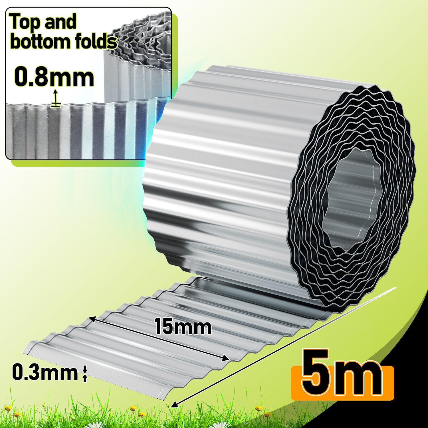 Lawn Edging 5-10m, Path Edging, Bed Edging, Galvanized , Durable Snail Defense, Plants, Thickness = 0.3mm, Mowing Edge, Metal Goods, Roll Metal