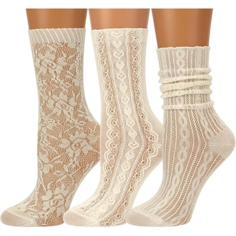 TEMU 3 Pairs Of Women's Thin Round Neck Socks, Designed With Transparent Socks And Cute Pleated Socks, In Cream And Black, Suitable For Loafers,
