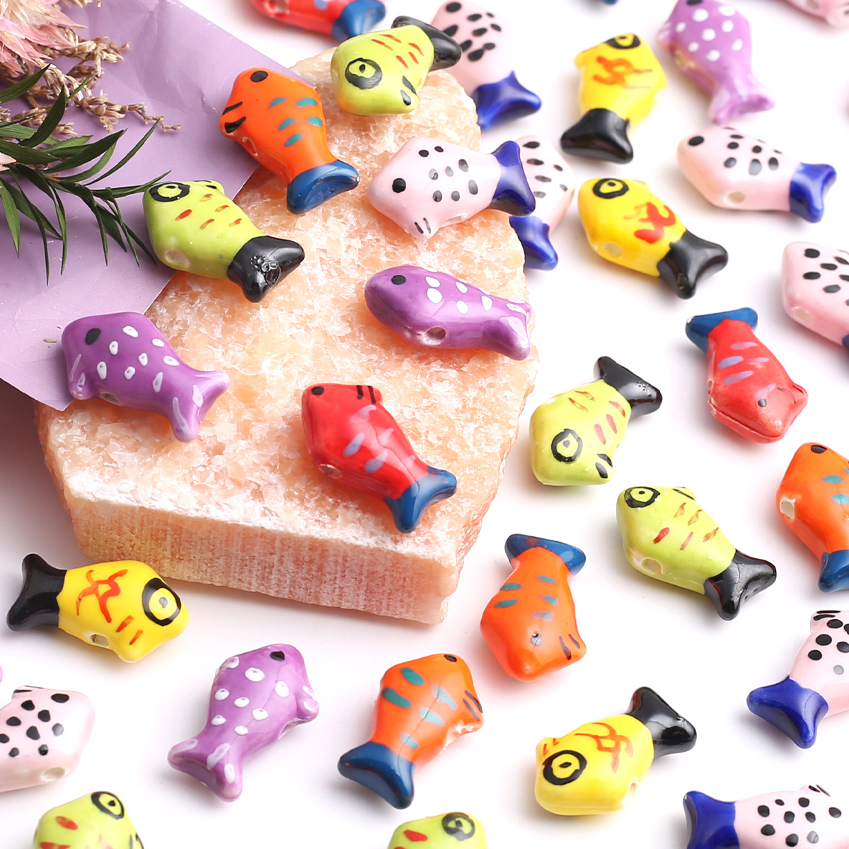 4pcs Tropical Fish Shaped Ceramic Beads for DIY Jewellery Making