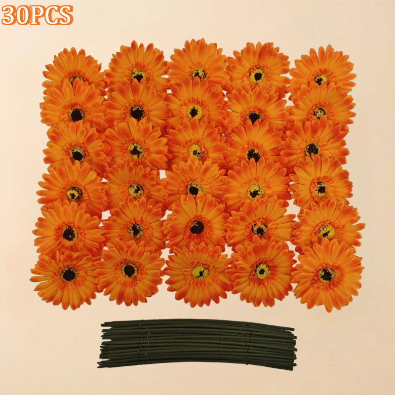 TEMU 30pcs Orange-yellow Artificial Daisy Set, Autumn Home Decor Fake Flowers, Requires Self-assembly Of Stems. Suitable For Weddings, Arches, ,