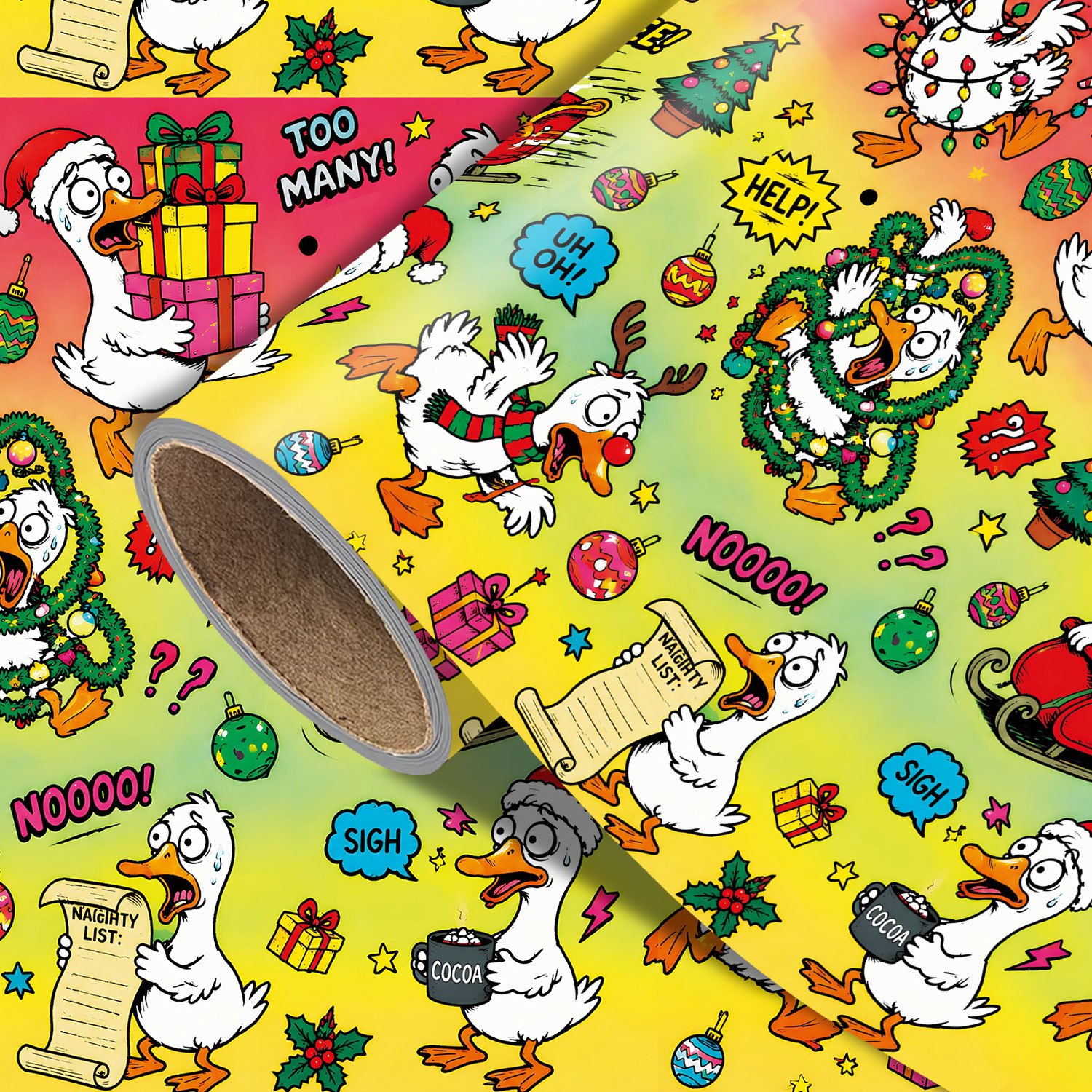 TEMU Rouleau de de Noël canard amusant - 17,7 pouces x 118 pouces, papier d'emballage de fêtes coloré avec motif de canards de Noël , bonnets de Père
