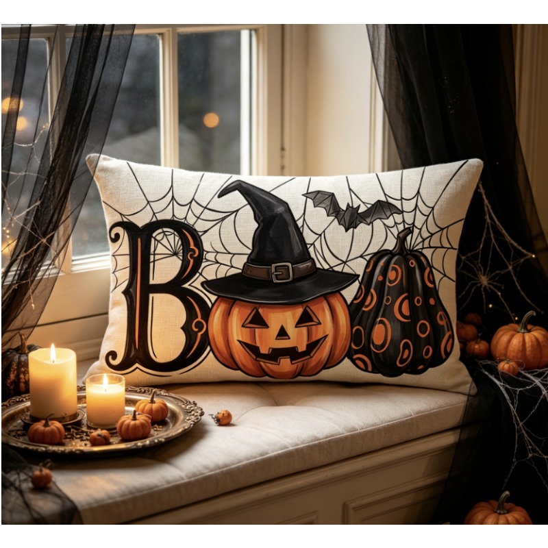 TEMU 1 Housse de coussin Halloween Boo Citrouille Sorcière Lumbar, Housse de coussin rectangulaire Toile d'araignée Chauve-souris pour canapé Salon