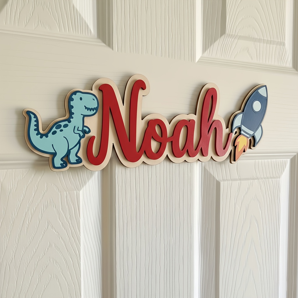 TEMU 2d Flat, Retro -rex & Rocket Name Plaques - Dinosaur Wall Decor With 3 Carved Letters Suitable For Bedrooms, Rooms,, Themed Spaces - Durable