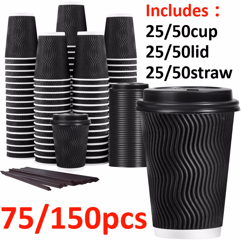 75/150 парчиња (25/50 чаши и 25/50 капаци и 25/50 сламки) 12-унци чаши за еднократна употреба за кафе со капаци и сламки, изолираните брановидни чаши од тапет, црни чаши отпорни на топлина за топли пијалоци за канцеларија, кафе бар и секојдневна употреба (случаен капак) Детали за производот 2