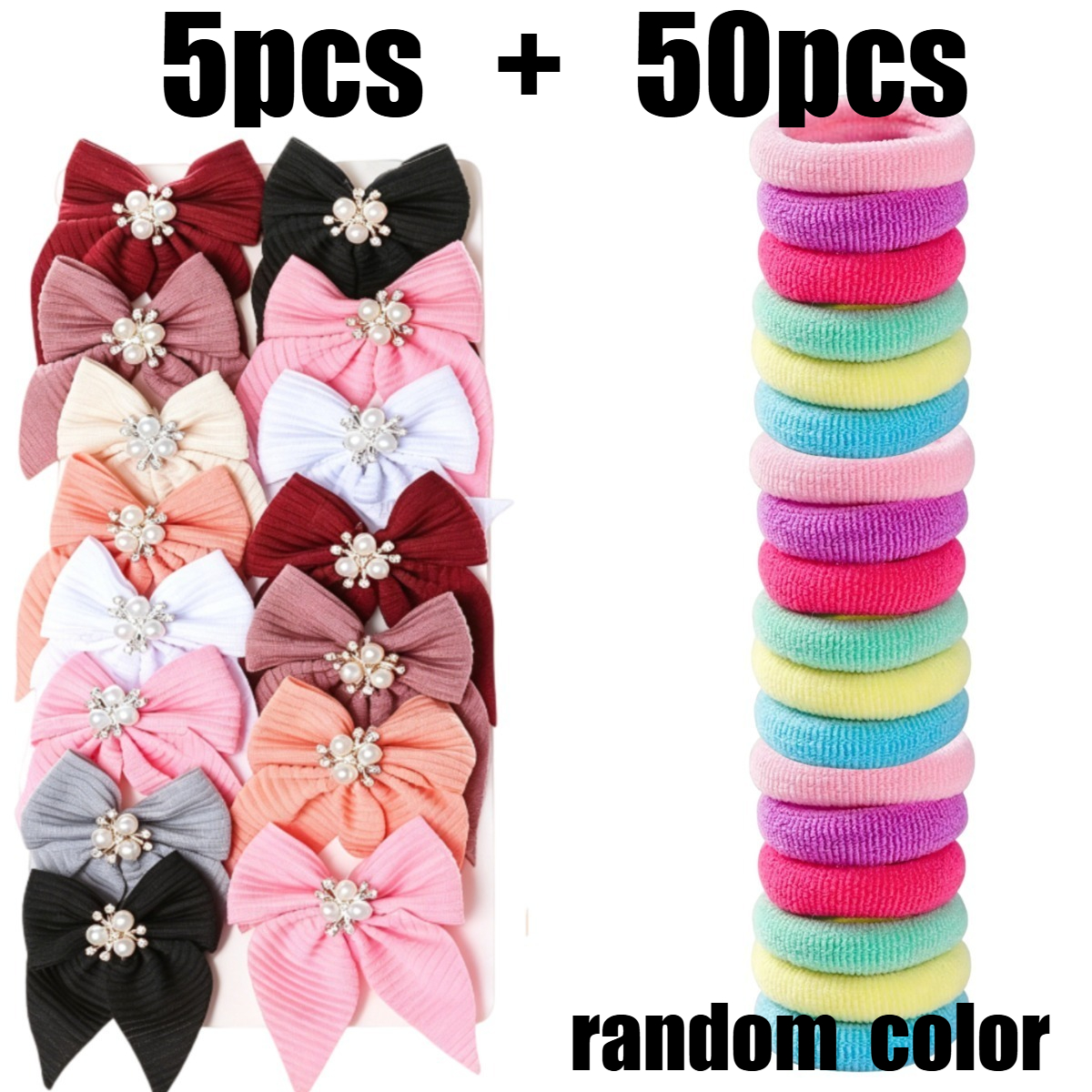TEMU (55 Random Colors) Contains 5 Pearl Rhinestone Hair Clips With 50 High-elastic Durable Hair Ties, High-value Dress-up Headdress Combination Set,