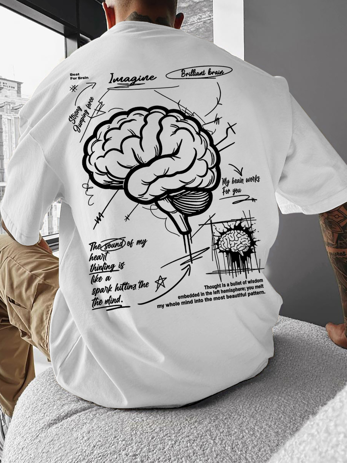 American Style Men'S Casual Round Neck T-Shirt with Thought-Provoking Slogan And Brain Print for Casual Gatherings And Trendy Outfits