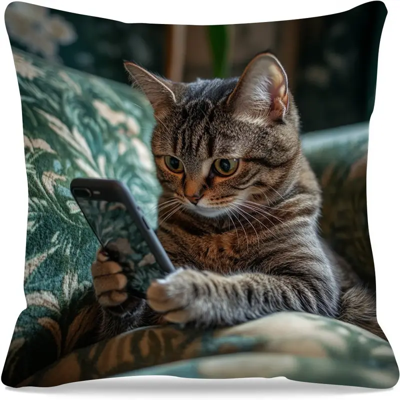 1pc bohemian style dual sided printed pillowcase cute cat holding smartphone design durable polyester with zipper closure machine washable for bed sofa living room decor Product details 1