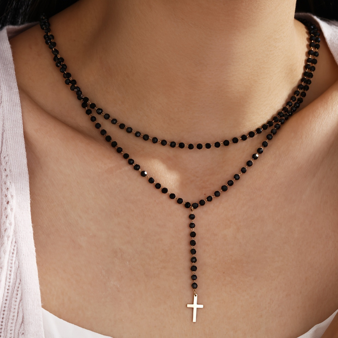 Image of Vintage Double-layer Cross Necklace, Unique Metal Pendant Choker, Stylish Accessory For Layering