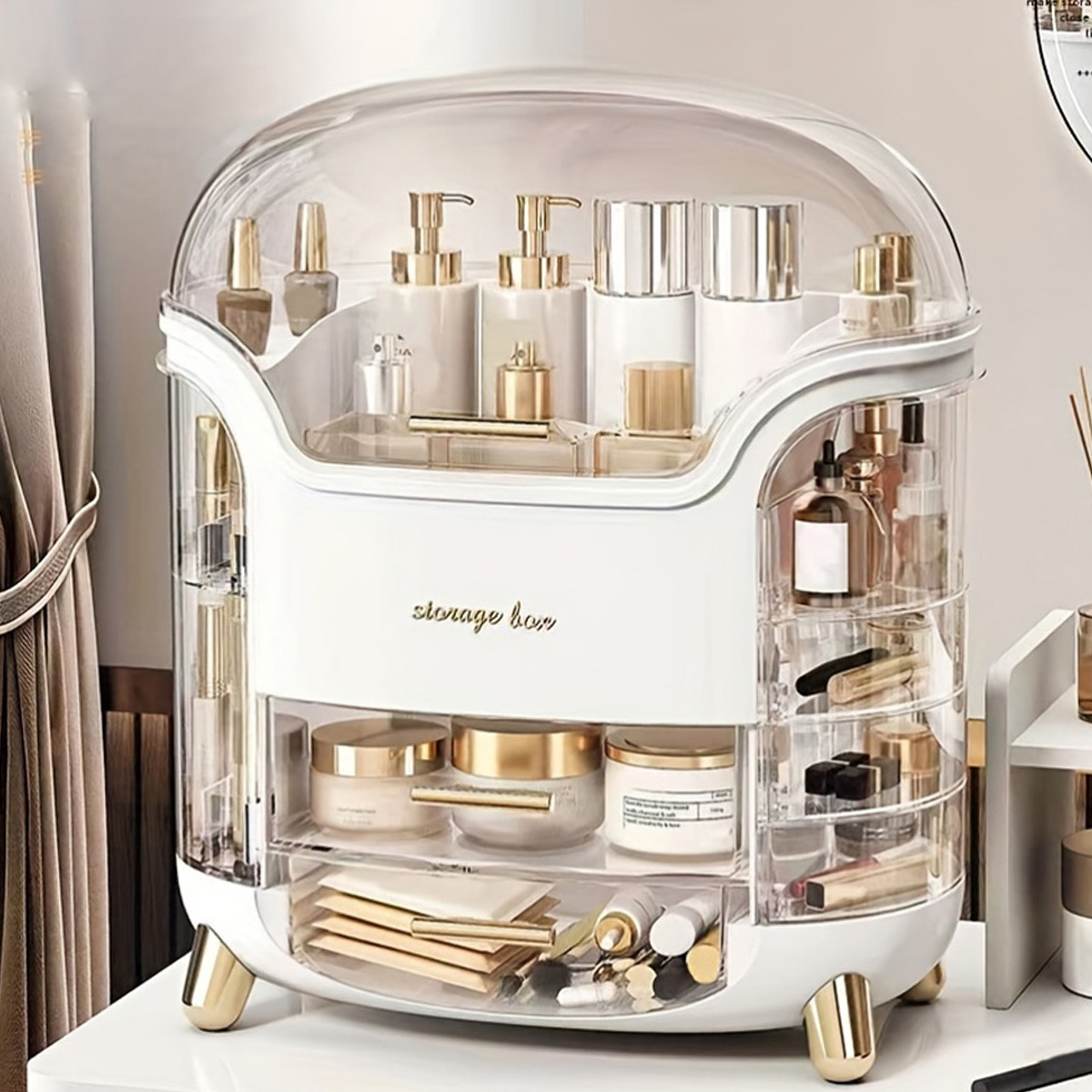 large capacity plastic cosmetic organizer with drawers & compartments - elegant pastel mint   portable makeup storage box, golden-  hardware, durable lightweight design for bathroom, vanity, bedroom - jewelry & accessory organizer, no power needed Product details 4