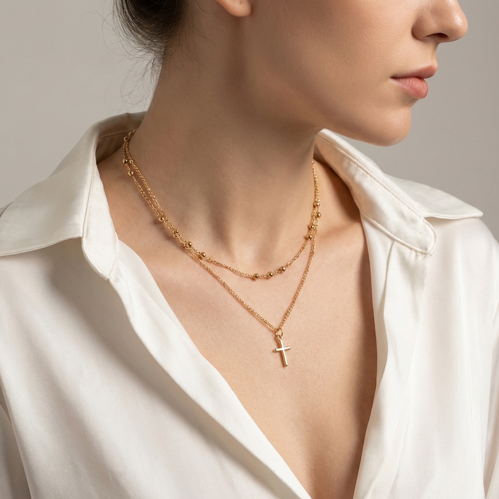 Plated Double-Layer Cross Pendant Necklace — Retro Layered Design