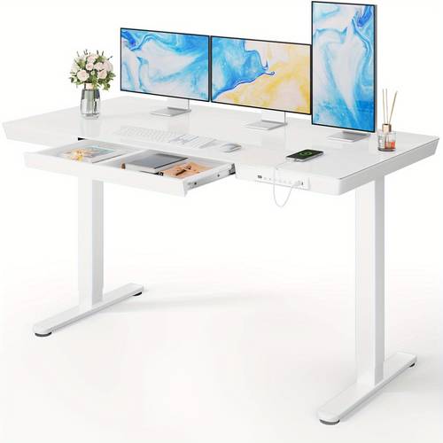 48x24 inch electric height adjustable standing desk glass surface with tabletop dual usb charging ports storage drawer sit stand desk for home office recording black home office desk sleek desk design sturdy leg design