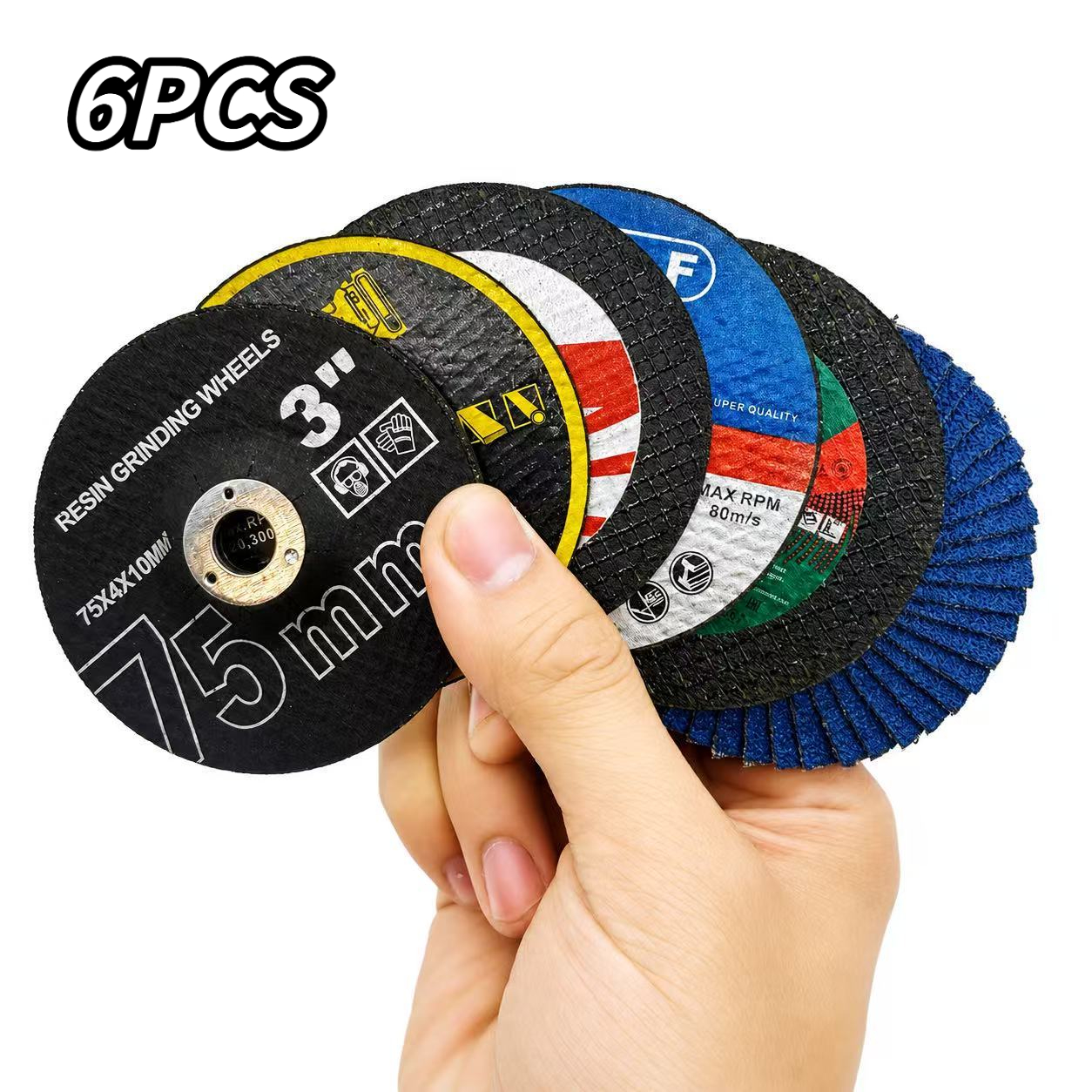 TEMU Ensemble de meulage et polissage de coupe en métal 6 pièces de 3 pouces/75 mm, 4 disques de coupe en résine et 1 meule durable et 1 tampon de