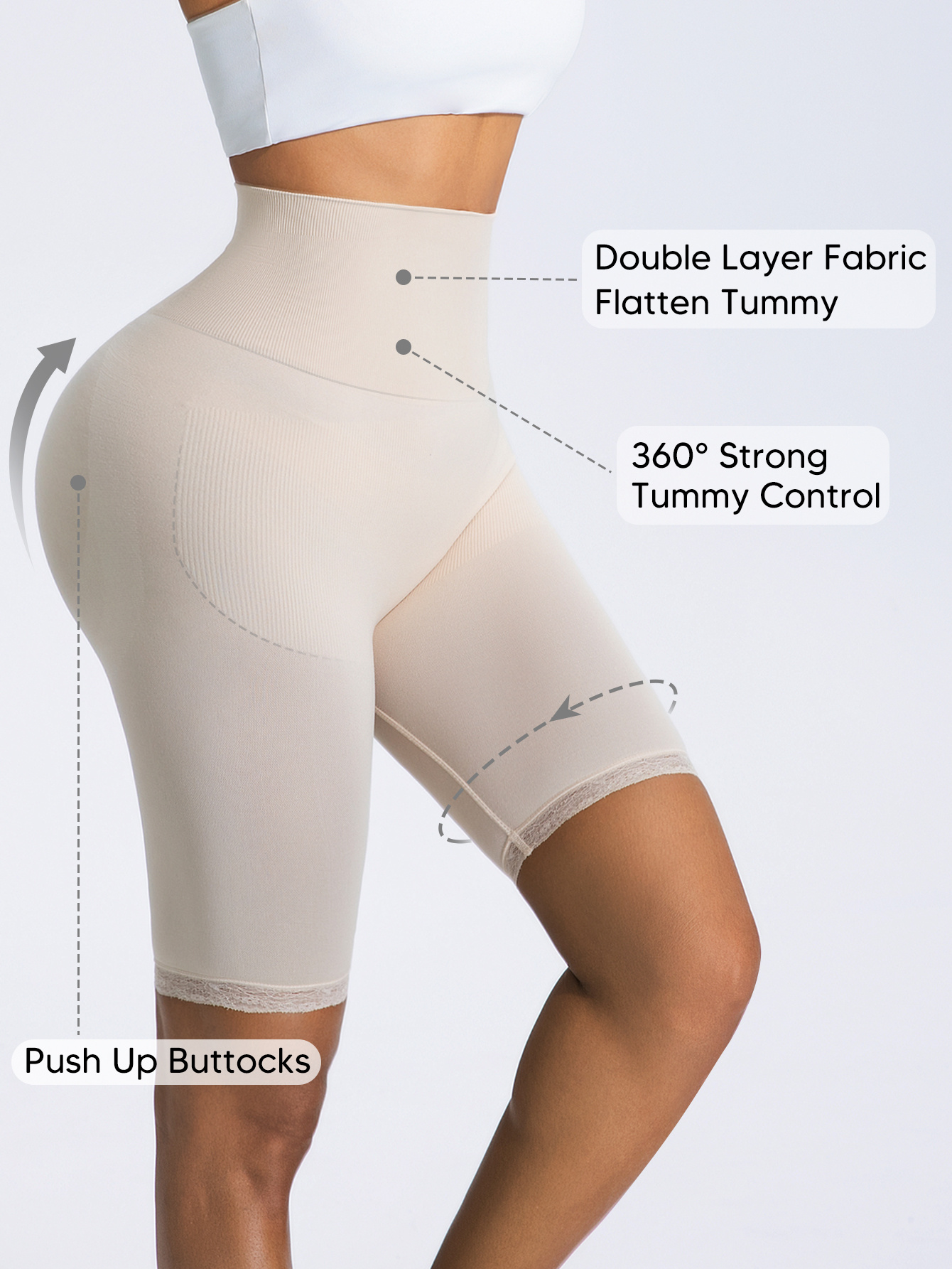 womens high waisted leg 5 panel shorts with lace trim tummy control and   lifting suitable as a base layer