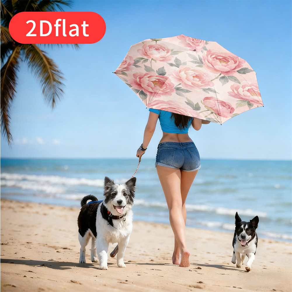2d 평면 프린팅 핑크 모란 접이식 우산 - 수채화 스타일 플로럴 디자인, 가볍고 휴대 가능한 접이식 우산, 튼튼한 캐노피, 여행, 통근 및 일상 사용에 적합, 섬세한 자연 패턴, 휴일 선물로 좋습니다