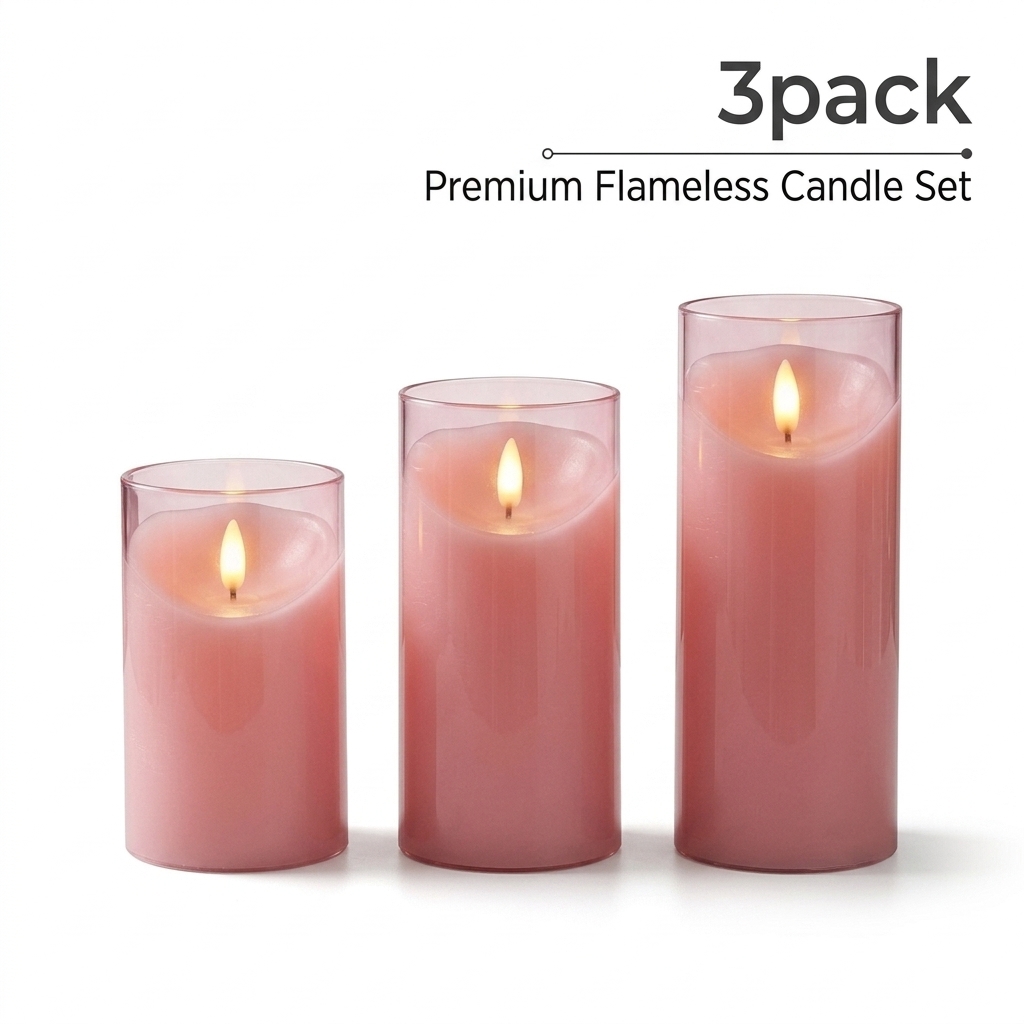 TEMU Light Luxury Pink Acrylic Beveled Edge Candles, Set Of 3, With Dynamic Wick For Soft Warm Light Only, Flameless For Safe Home Decoration,