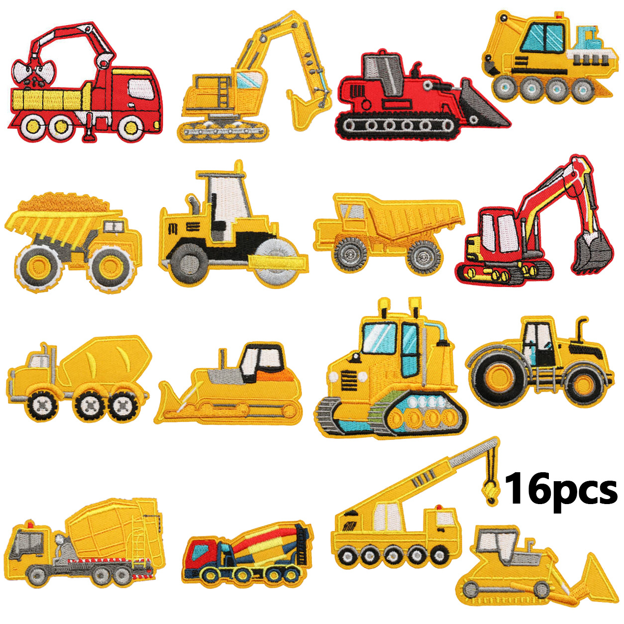 TEMU 16pcs Construction Vehicle Embroidered Iron-on Patches Set, Excavator Bulldozer Crane Cement Mixer Truck Applique Badges For Jackets Hats