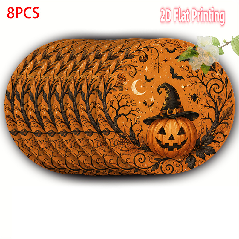 TEMU Juego de manteles individuales redondos 2D planos de 4/6/8 piezas, Halloween bruja calabaza naranja, 15x15 pulgadas (38x38 cm), de poliéster,
