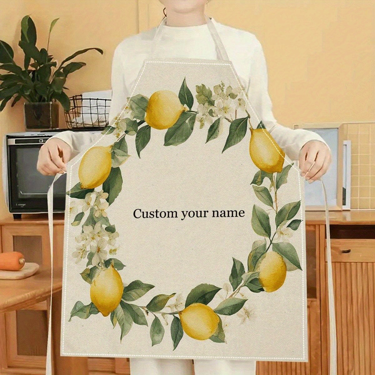 TEMU 1pc 2d Flat Printed Lemon 3d Printing Kitchen Women's Cleaning Apron Pattern Linen Custom Apron With Customizable