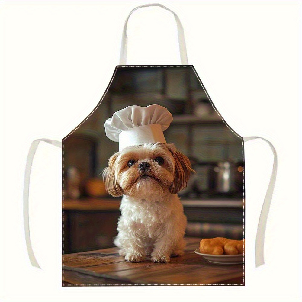 TEMU 1 tablier de chef Shih Tzu, design avec chien blanc en bavoir bleu et bonnet sur tissus lin pour cuisine & pâtisserie, 8,5" x