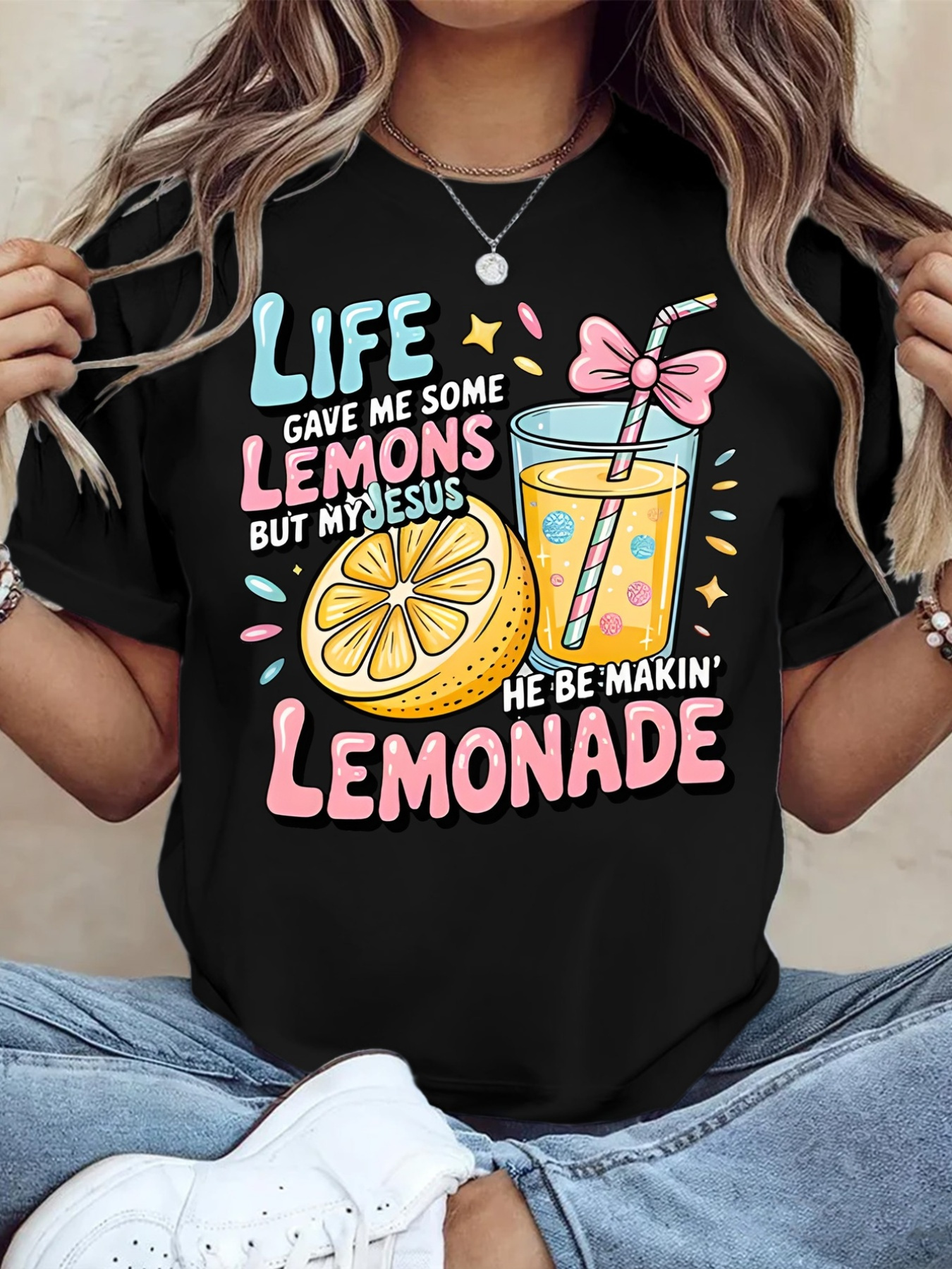 womens fun christian faith t shirt life gave me lemons but jesus made lemonade bible verse design with lemon and lemonade print breathable short sleeve round neck casual   yellow inspirational christian clothing