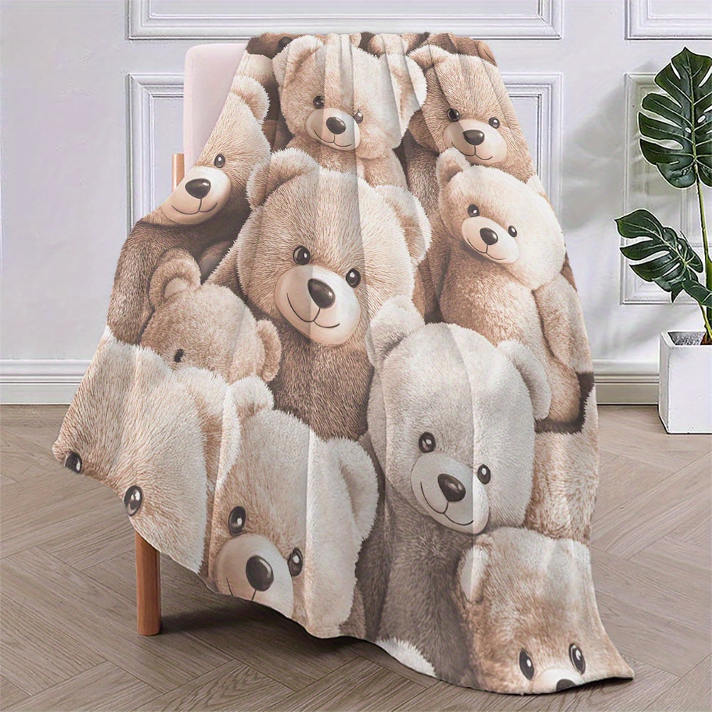 1pc cozy cartoon teddy bear print flannel throw blanket   soft warm quilted polyester bedding contemporary style multi purpose hypoallergenic ideal christmas gift for   details 7