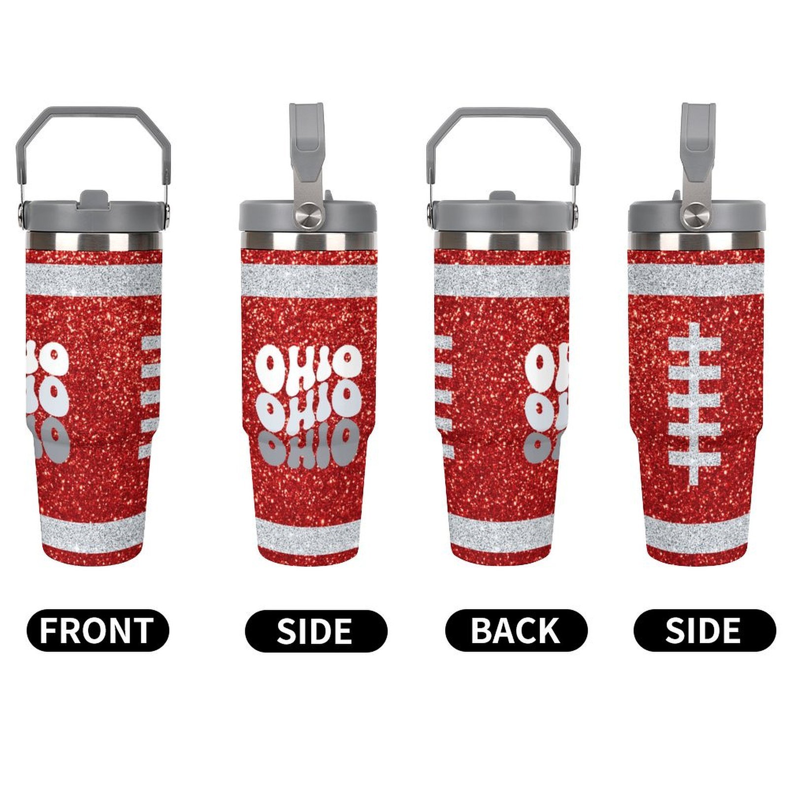 

1pc 30oz Ohio Insulated Stainless Steel Water Bottle With Straw Lid, Vacuum-sealed Travel , Red Glitter Design - Ideal Christmas Gift For Family & Friends, Insulated Water Bottle