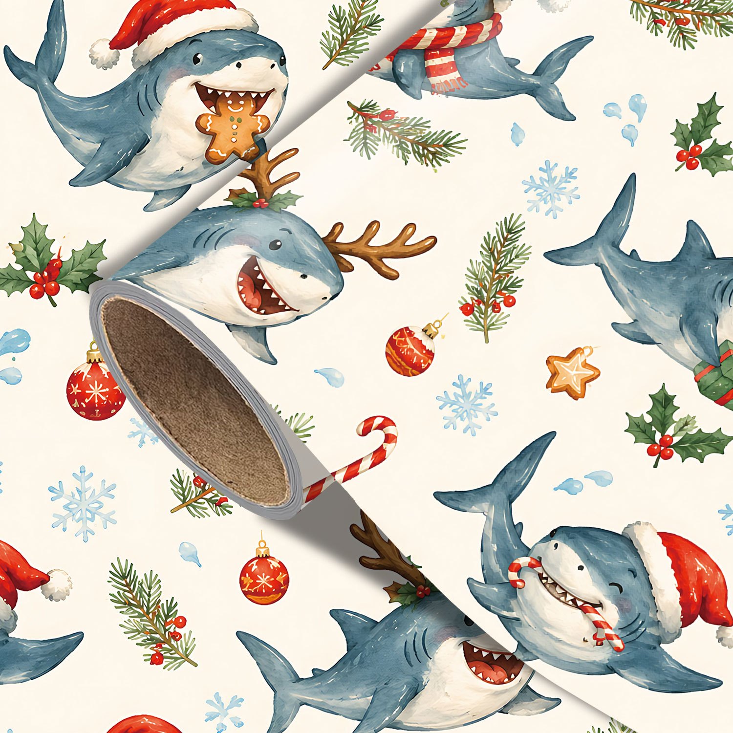 TEMU 1 Rolle Weihnachts-Hai-Geschenkpapier, niedliches Aquarell-Weihnachtsgeschenkpapier mit festlichen Haien, Weihnachtsmützen, Stricktüchern,